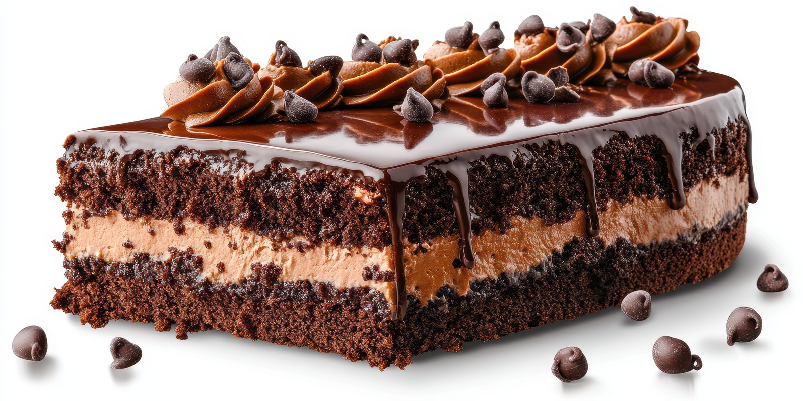 Rich chocolate cake layered with creamy filling and topped with chocolate frosting and chips